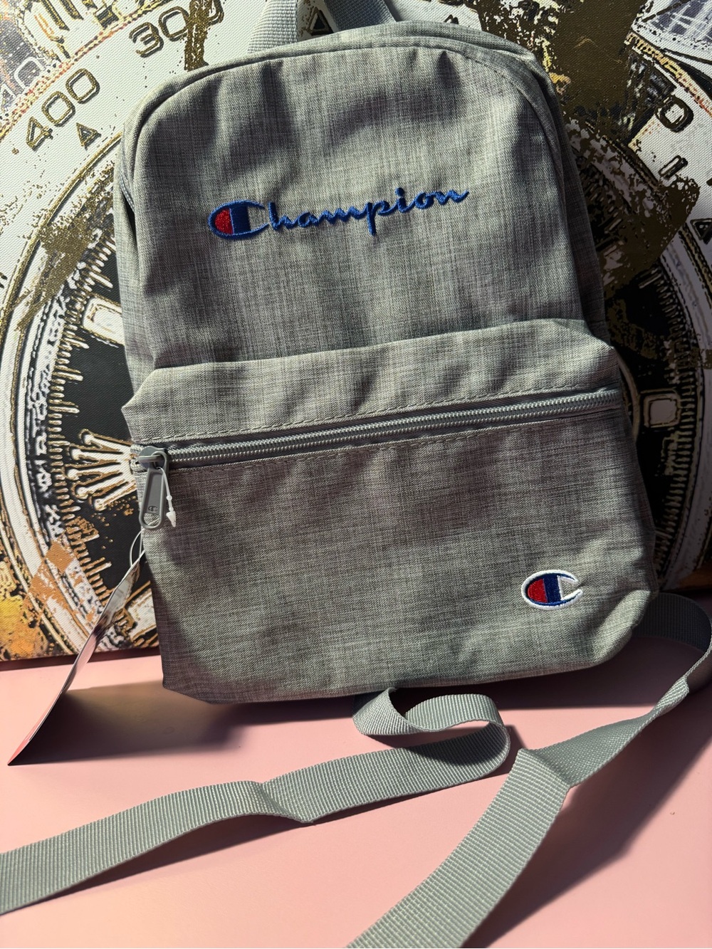 Champion Gray Mini Backpack with Blue & Red Logo
